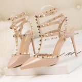 Faux-Leather Heeled Sandals with Studded Ankle Straps