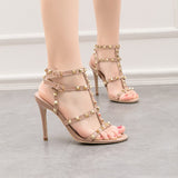 Metal-Studded Faux-Leather Strappy Heeled Sandals