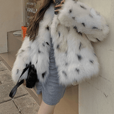 Snow Leopard-Print Short Faux Fur Coat