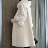 Three-Quarter-Sleeve Coat with a Fox-Effect Faux Fur Collar