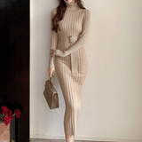 Ribbed Knit High-Neck Dress