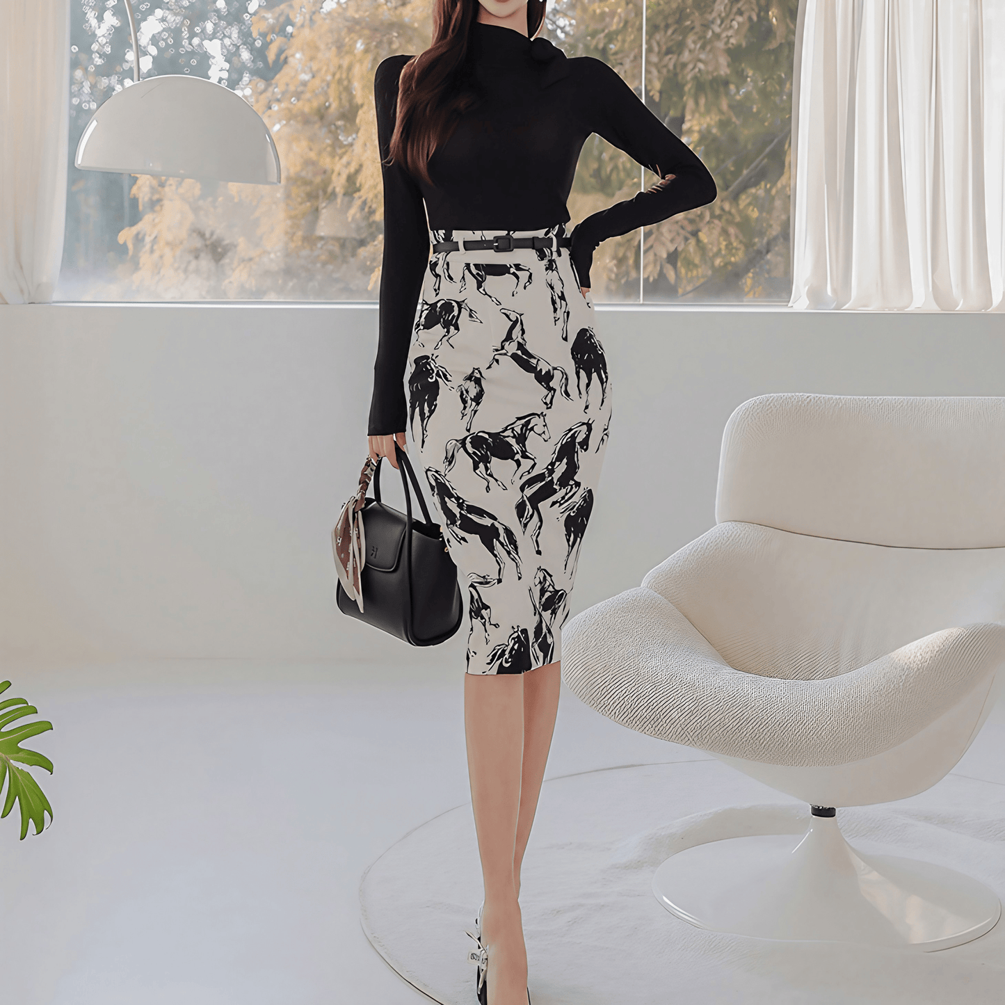 タートルネックトップ+プリントスカートセット