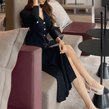 V-neck single-breasted long knit dress