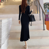 V-neck single-breasted long knit dress