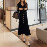 V-neck single-breasted long knit dress