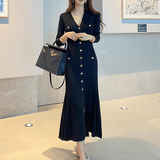 V-neck single-breasted long knit dress
