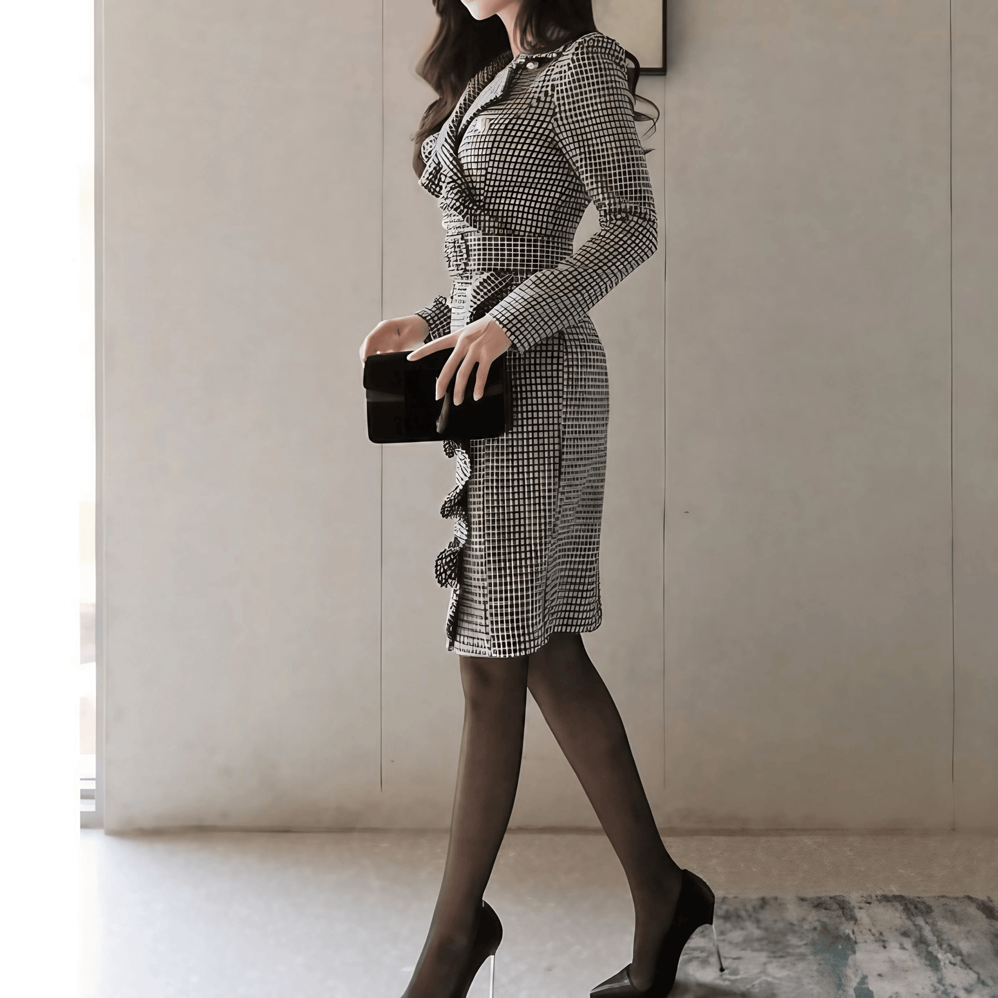 千鳥格子ダブルブレストフリルワンピース