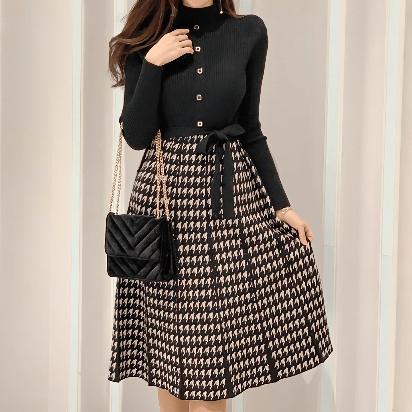 レースアップ千鳥格子柄フェイクツーピース