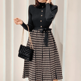 Lace-Up Houndstooth Mock Two-Piece Dress