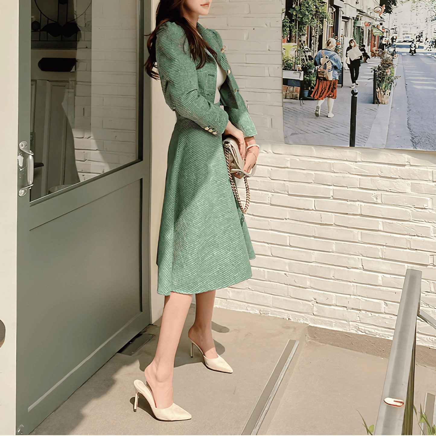 グリーンジャケット+タイトスカートセットアップ