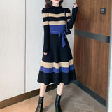 High-Neck Striped Long Dress