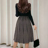 Lace-up houndstooth mock two-piece dress