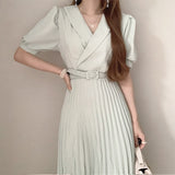 Puff Sleeve Belted Pleated Dress
