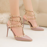 Faux-Leather Heeled Sandals with Studded Ankle Straps
