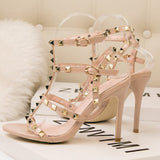 Metal-Studded Faux-Leather Strappy Heeled Sandals