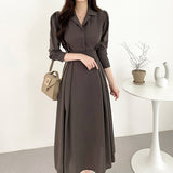 Lapel-Collar High-Waisted A-Line Dress