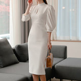 Three-Quarter-Sleeve Dress with a Stand Collar and Lantern Sleeves