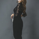 Three-Quarter Sleeve Floral Lace Mock Two-Piece Dress