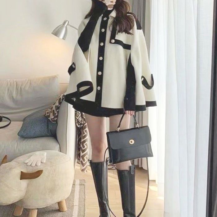 コントラストカラーカシミヤ混ウールマント