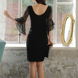 Three-quarter-sleeve V-neck dress with flared sleeves