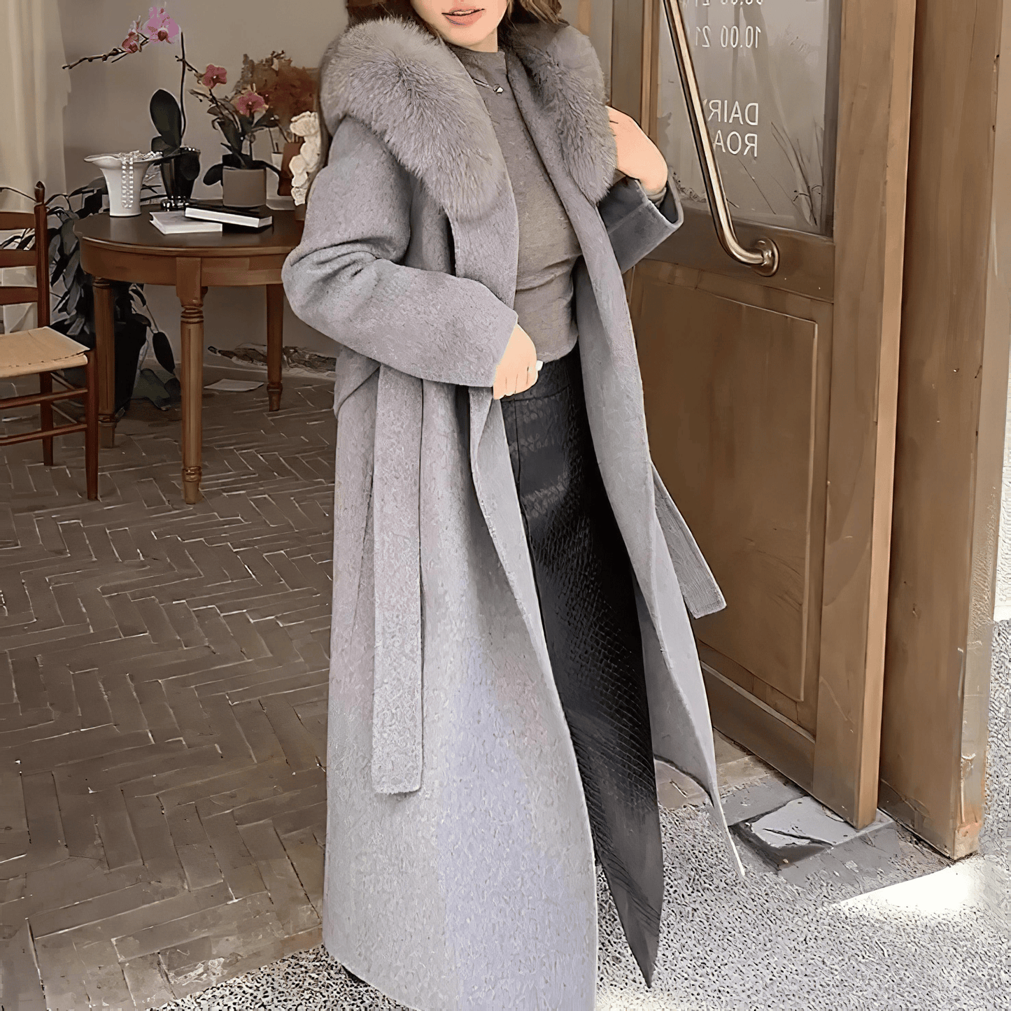 グレーウールシルエットロングコート