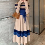 High-Neck Striped Long Dress