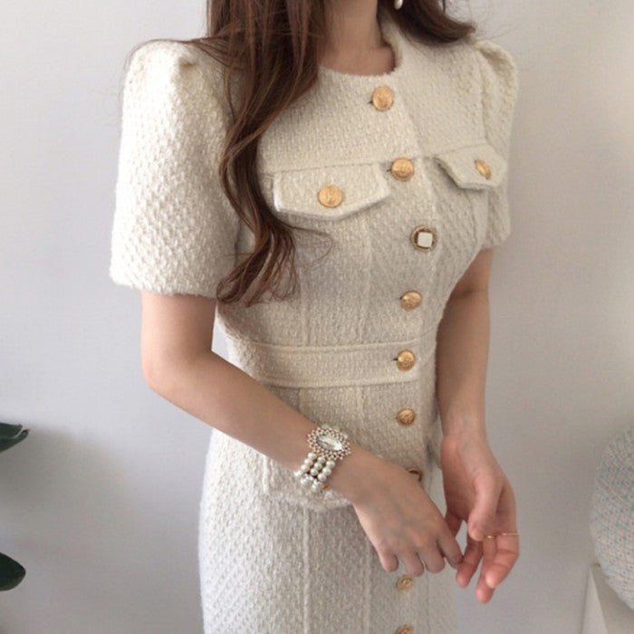 ラウンドネックツイードワンピース