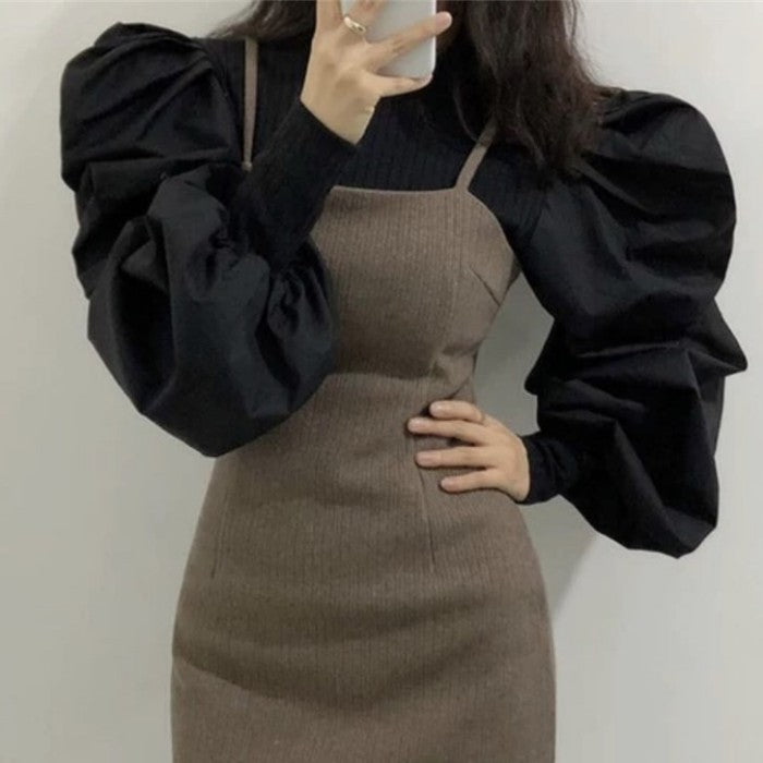 パフスリーブ袖切り替えニットセーター