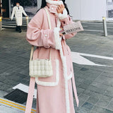 Thick Pink Lambswool Coat with Fur Collar