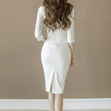 Three-quarter-sleeve V-neck slim-fit dress