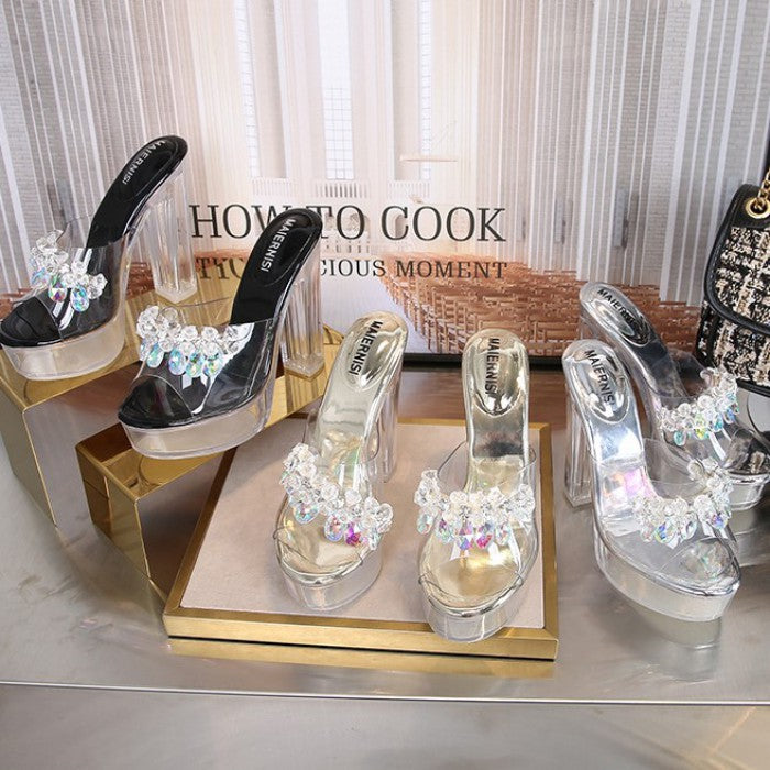 ラインストーンクリスタルハイヒールサンダル