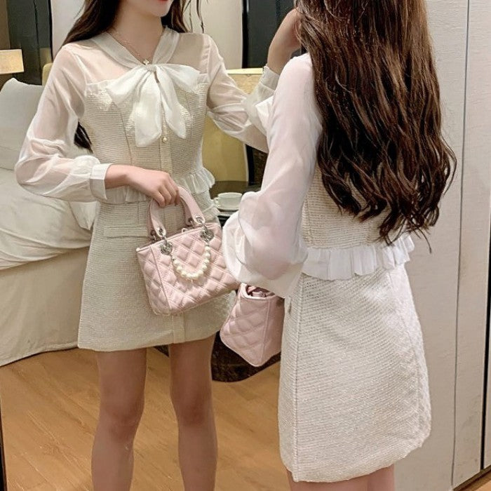 シフォン切り替えボウタイツーピースセットアップ