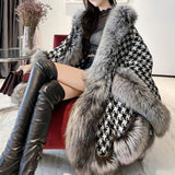 Houndstooth Shawl Cape Coat with Faux Fur Trim