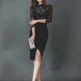 Three-Quarter Sleeve Floral Lace Mock Two-Piece Dress