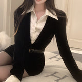 Belted mock two-piece velvet dress
