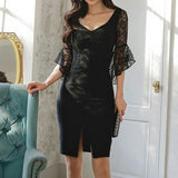 Three-quarter-sleeve V-neck dress with flared sleeves