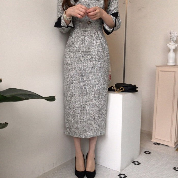 ロング丈コントラストカラーツイードワンピース