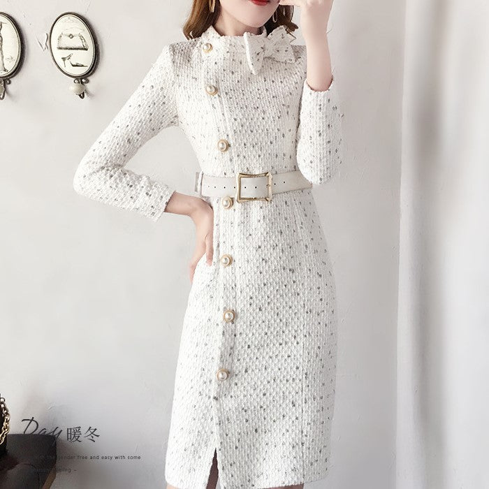 リボンタイ厚手ウールワンピース