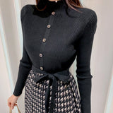Lace-up houndstooth mock two-piece dress