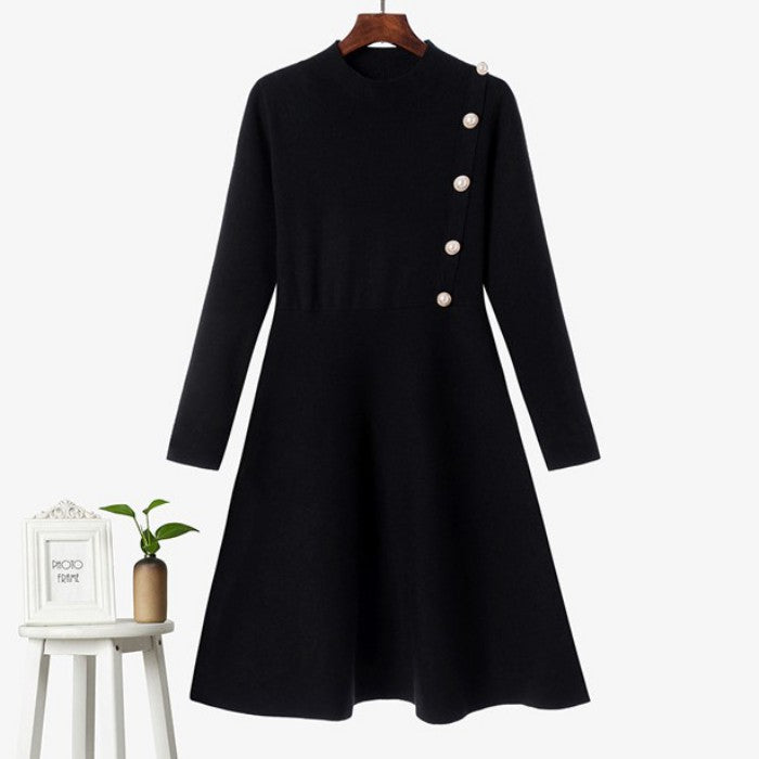 ショート丈ラウンドネックブラックニットワンピース