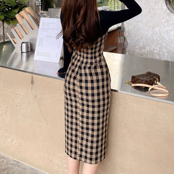 ニット切り替えチェック柄ワンピース