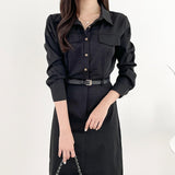 Lapel-Collar Slit Dress with Belt