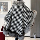 Houndstooth Shawl Cape Coat with Faux Fur Trim