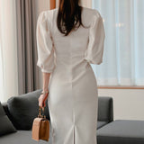 Three-Quarter-Sleeve Dress with a Stand Collar and Lantern Sleeves