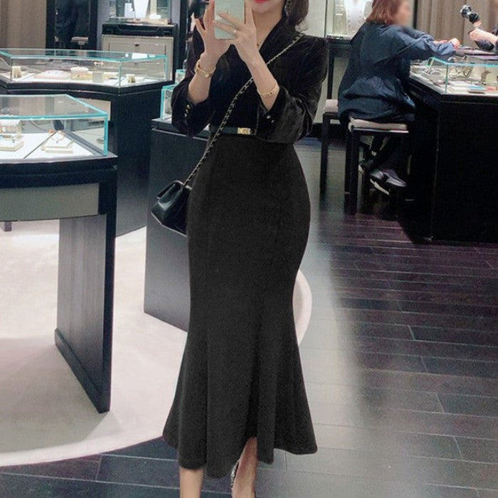 ベルト付ビロードフィッシュテールワンピース