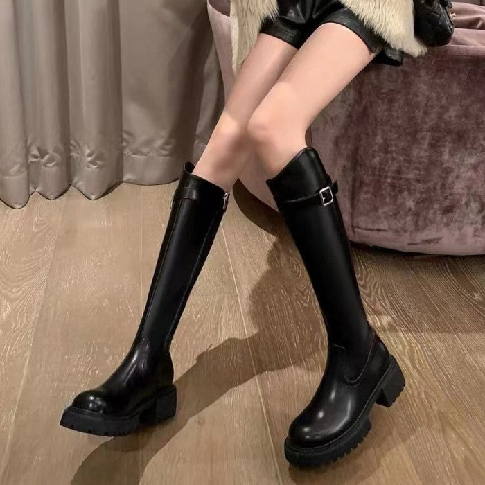 サイドバックルレザーロングブーツ