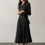 Lapel-Collar Pleated Dress