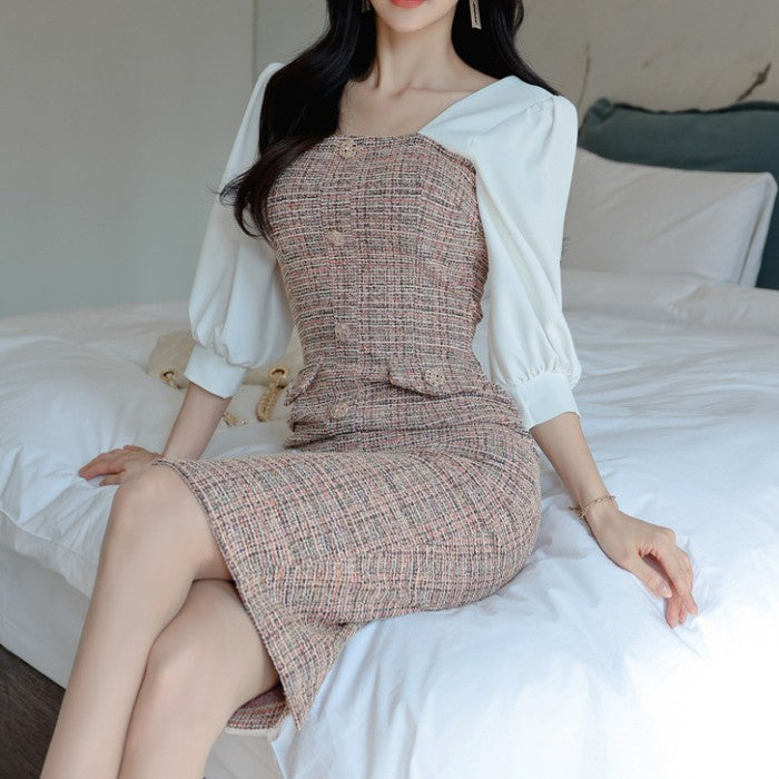 七分袖スクエアカラーツイードワンピース