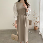 Puff-Sleeve Contrast-Stitch Dress
