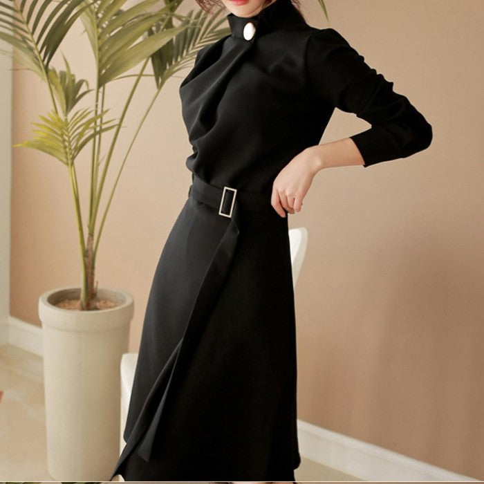 七分袖スタンドカラーミドル丈ワンピース